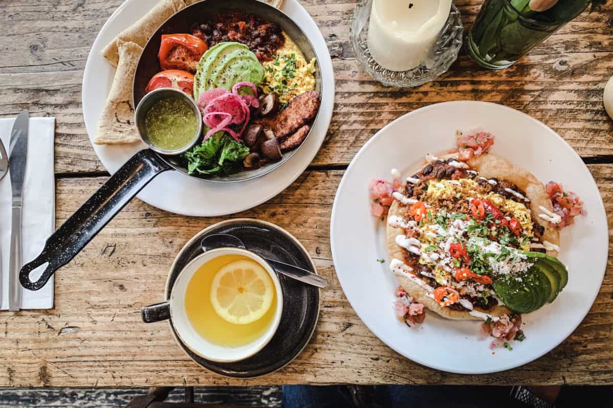 Image of My Favourite Vegan Restaurants in London - overhead shot of Huevos Rancheros and Mexicana Fry Up at The Spreadeagle.