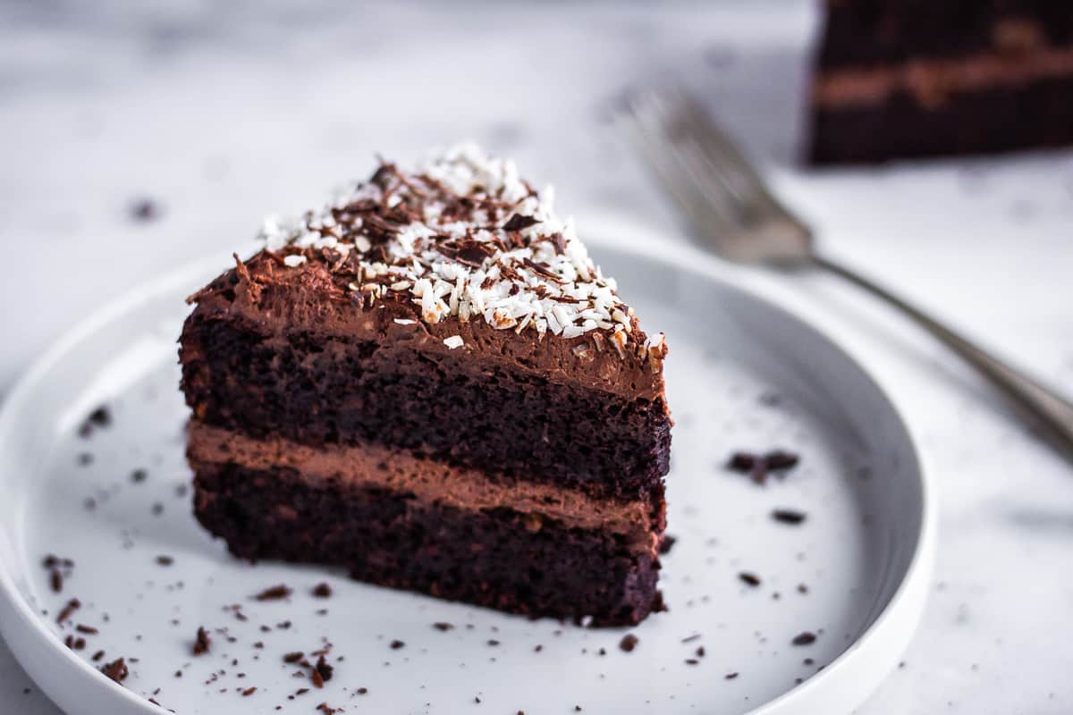 Chocolate Glop Cake - Image of a slice of vegan chocolate cake with shredded coconut on a white plate. In the background is another slice of cake and a silver fork.