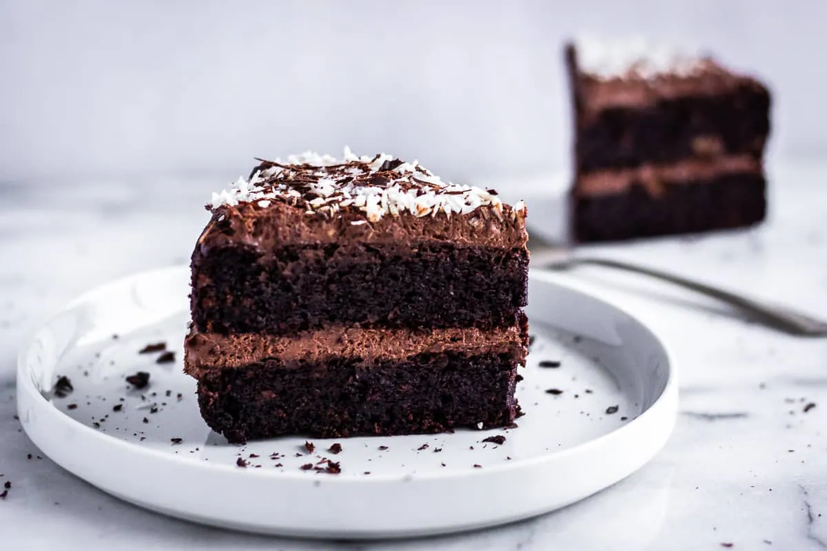 Chocolate Cake - Image of a slice of vegan chocolate cake with shredded coconut on a white plate. In the background is another slice of cake and a silver fork.