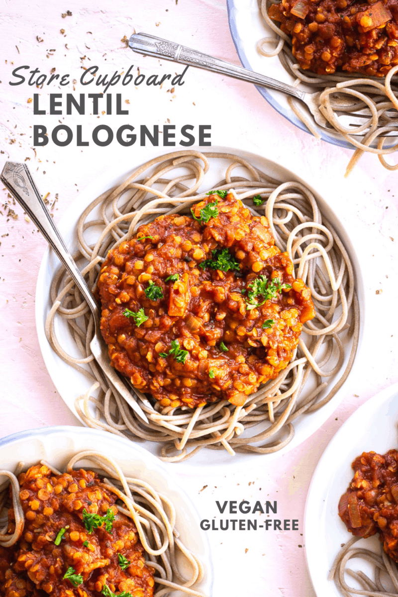 Looking for easy vegan recipes? This Store Cupboard Lentil Bolognese sauce is for you. It comes together in under 50 minutes, is made with only store cupboard ingredients and is the perfect healthy weeknight meal. #lentils #vegan #storecupboardmeals #bolognese #easyveganrecipes