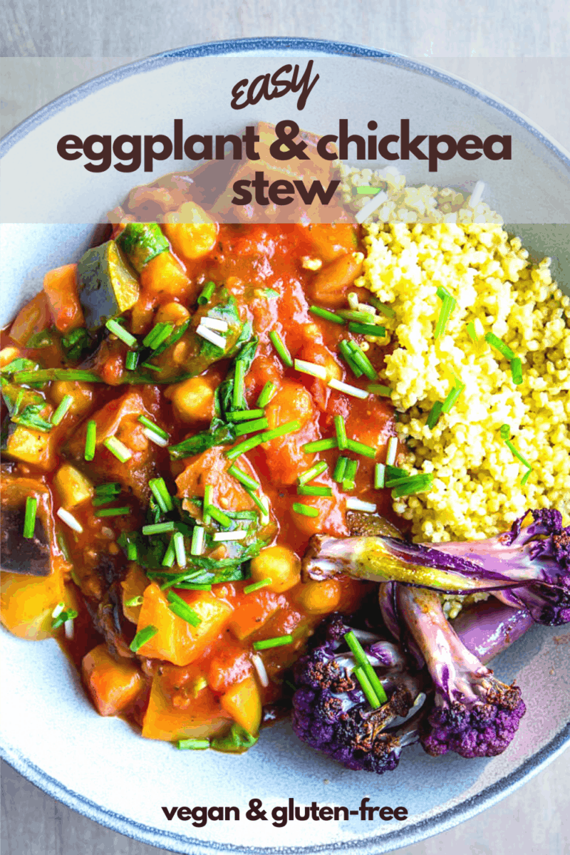 Looking for an easy eggplant recipe? This Easy Eggplant & Chickpea Stew is simple to make and delicious. Taking less than 60 minutes to make, it's filling, high in protein from the chickpeas, and is made with mainly pantry ingredients. #chickpeas #vegan #dinner #eggplant