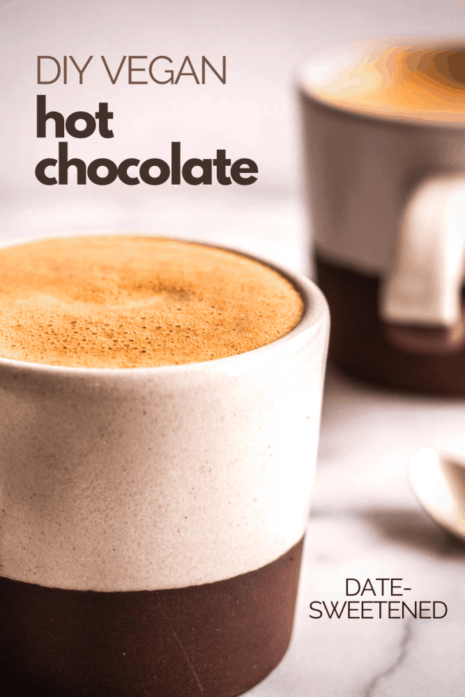 DIY Vegan Homemade Hot Chocolate made with cacao powder and dates. Dairy-free, gluten-free and refined sugar-free. Ready in minutes! #hotchocolate #homemadehotchocolate #vegan #easyveganrecipes #sugarfree