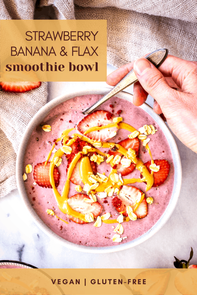 A simple strawberry banana smoothie bowl made with flax milk. Taking just 5 minutes to throw together, this healthy breakfast idea is nourishing and delicious. It's the perfect easy smoothie recipe! #smoothie #flax #strawberry #banana #smoothiebowls #breakfast #healthy