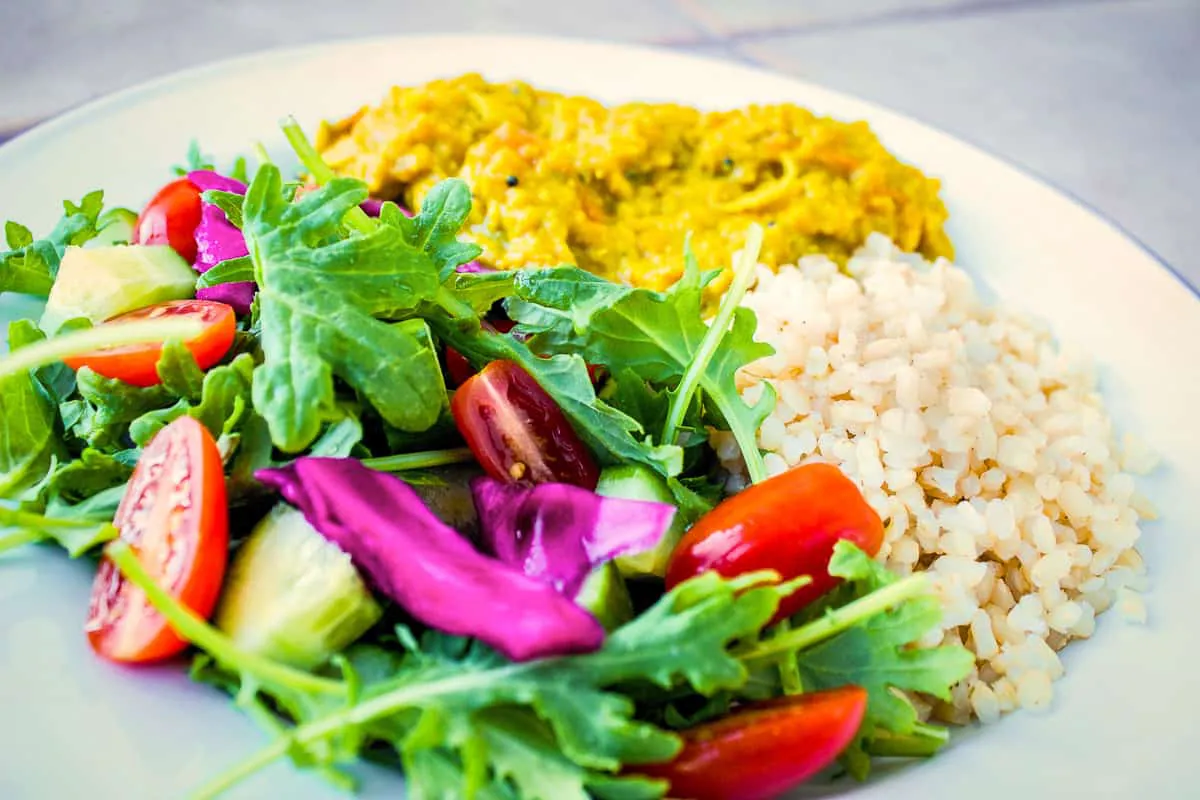 Close up image of Red Lentil Dhal on a white plate, accompanied by brown rice and a colourful side salad.