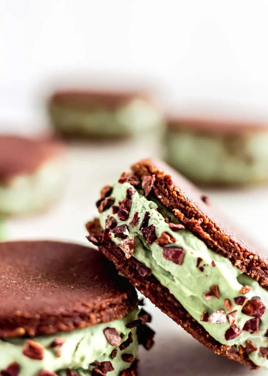 Detail view of Mint Choc Chip Ice Cream Sandwiches against a white background. The sandwiches contain layers of mint ice cream between raw chocolate cookies and are decorated with cacao nibs.