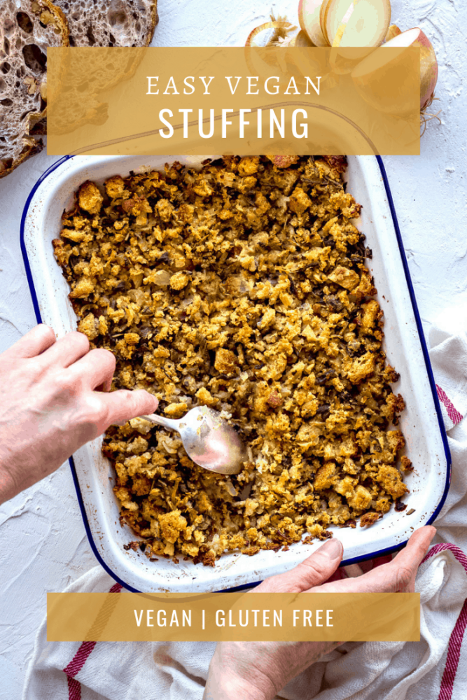 This vegan crowd pleasing recipe is easy to make and perfect for Thanksgiving dinner. Made with sage, gluten free bread and onions, it tastes herby and delicious and will be the perfect accompaniment to your celebration meal! #stuffing #vegan #sidedish #glutenfree #thanksgiving