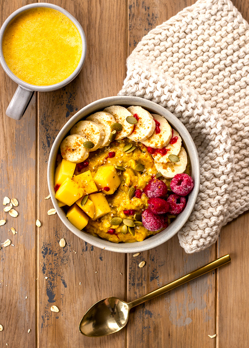 Full view of vegan and gluten free Golden Turmeric Oatmeal Recipe by Vancouver with Love