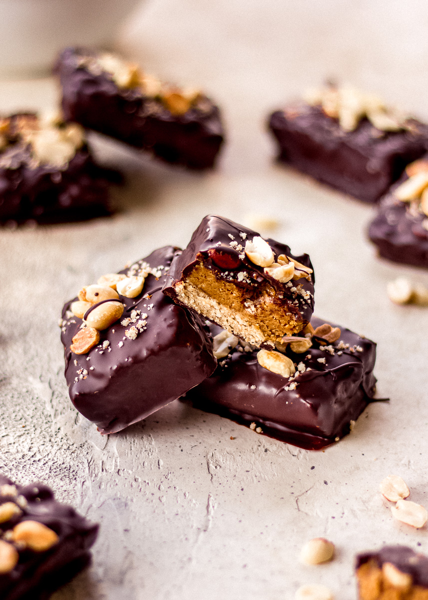 Close up image of Healthy Vegan Snickers Bars by Vancouver with Love