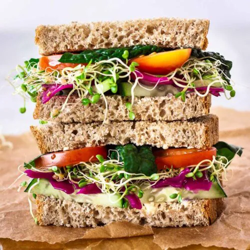 How to Grow Alfalfa Sprouts - a sandwich filled with sprouts and mixed vegetables.