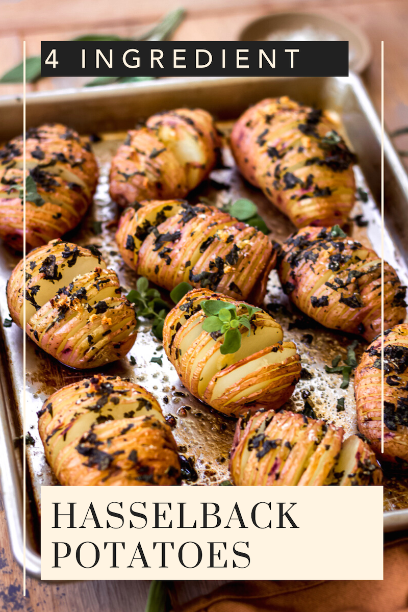 These easy vegan Hasselback Potatoes contain just 4 ingredients and taste so good. Made with fresh sage and garlic, they're the ultimate potato side dish that looks way fancier than it is! Gluten free and dairy free. #hasselback #potatoes #potatorecipes #veganrecipes #sidedishes #vegetables #dairyfree