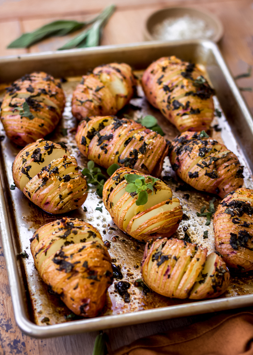 Side image of Sage & Garlic Hasselback Potatoes (vegan & gluten free) by Vancouver with Love