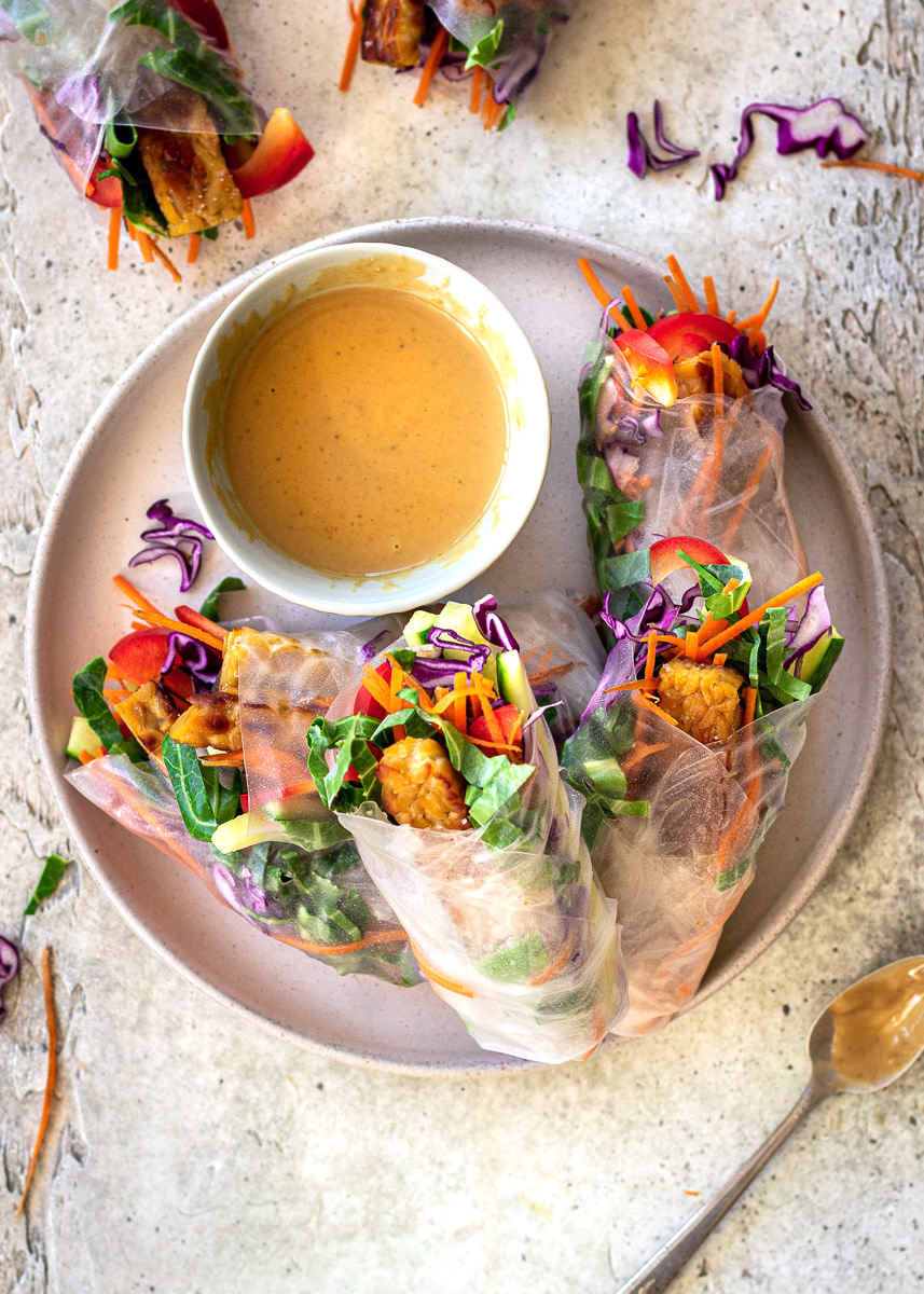 Overhead view of Vegan Spring Rolls with Peanut Sauce by Vancouver with Love
