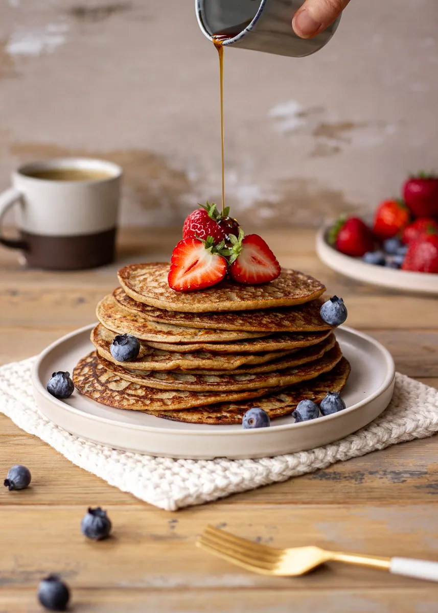 Healthy breakfast of 3 Ingredient Vegan Pancakes by Elizabeth Emery of Vancouver with Love