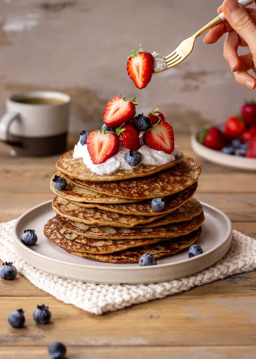 Vegan breakfast idea of 3 Ingredient Pancakes by Elizabeth Emery of Vancouver with Love