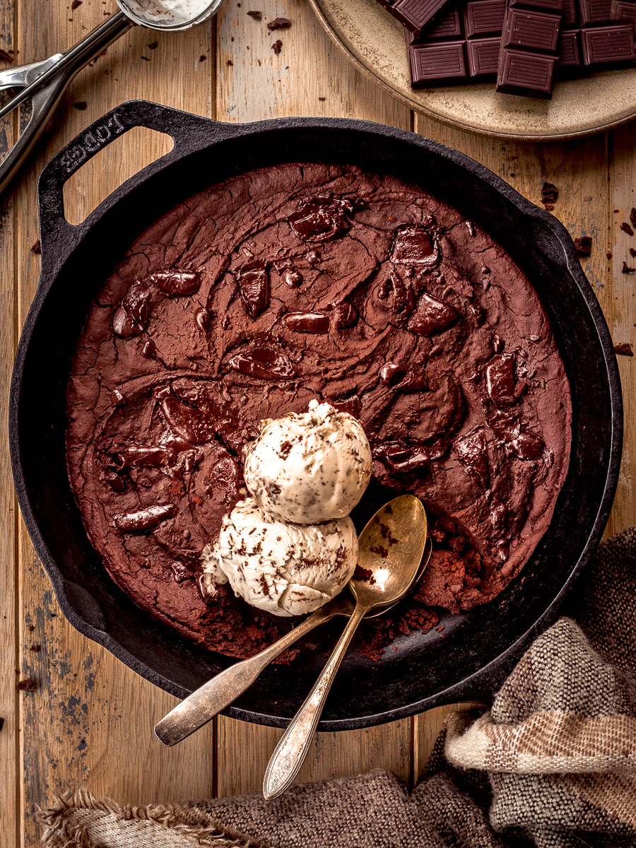 Brownie skillet with ice cream in a Lodge Cast Iron skillet