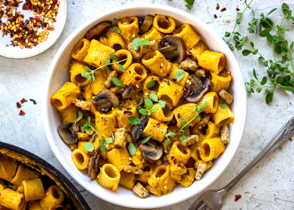 Overhead image of Cheesy Vegan Pasta by Vancouver with Love
