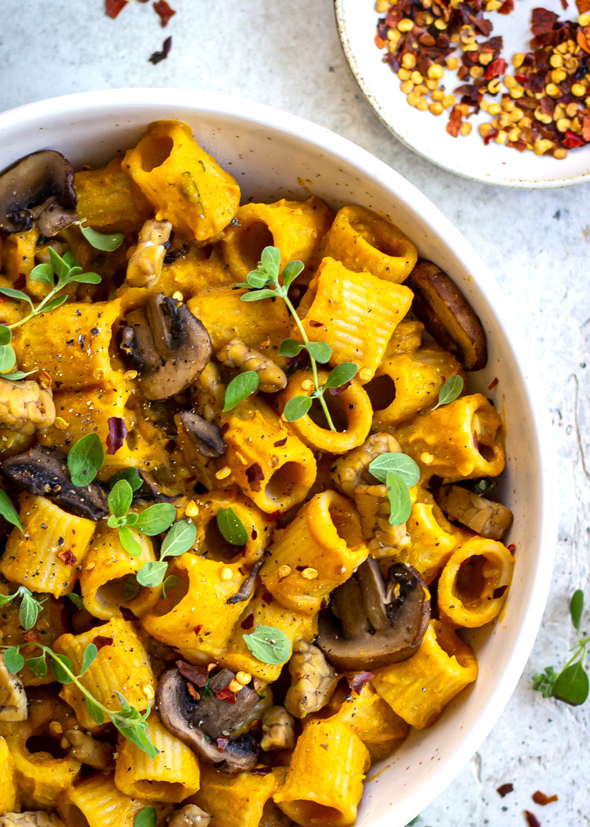Bowl of pasta with sweet potato cheese sauce - dairy free - by Vancouver with Love