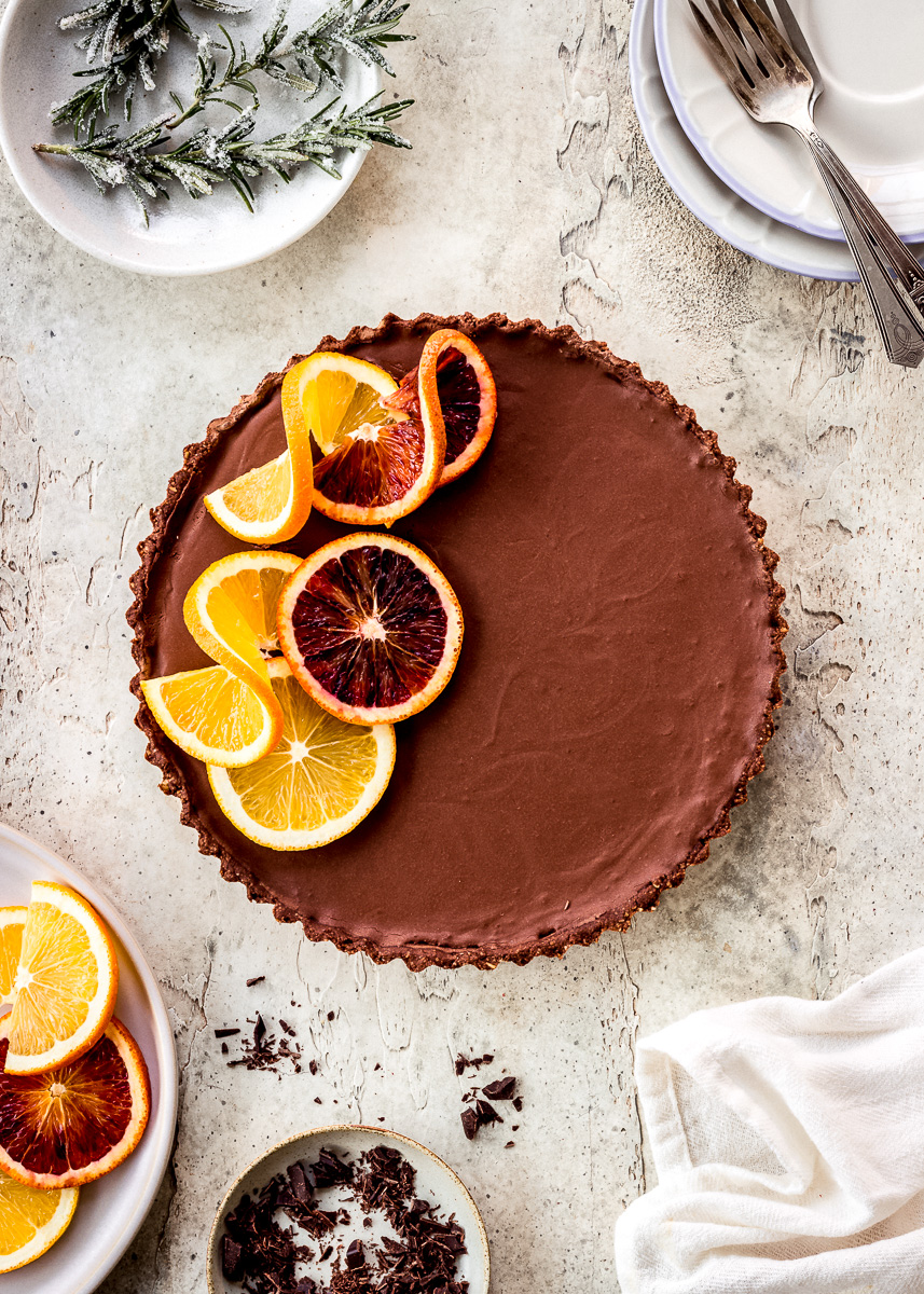 Overhead image of chocolate tart made with orange oil by Vancouver with Love