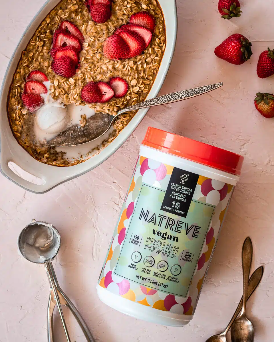 Natreve sponsored Instagram post - shows Natreve protein powder and Strawberry Baked Oatmeal