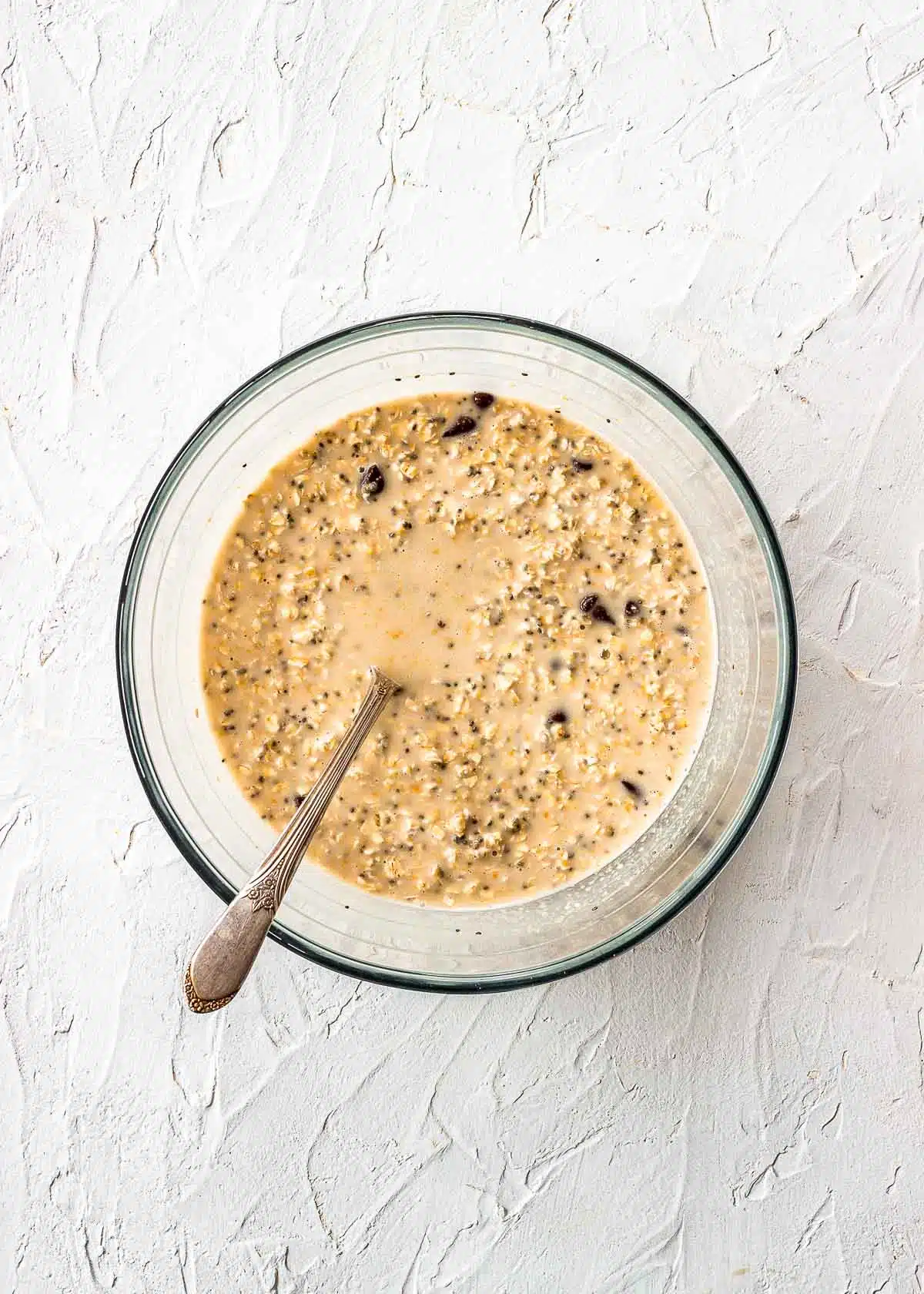 All ingredients mixed in a large bowl for cookie dough overnight oats.