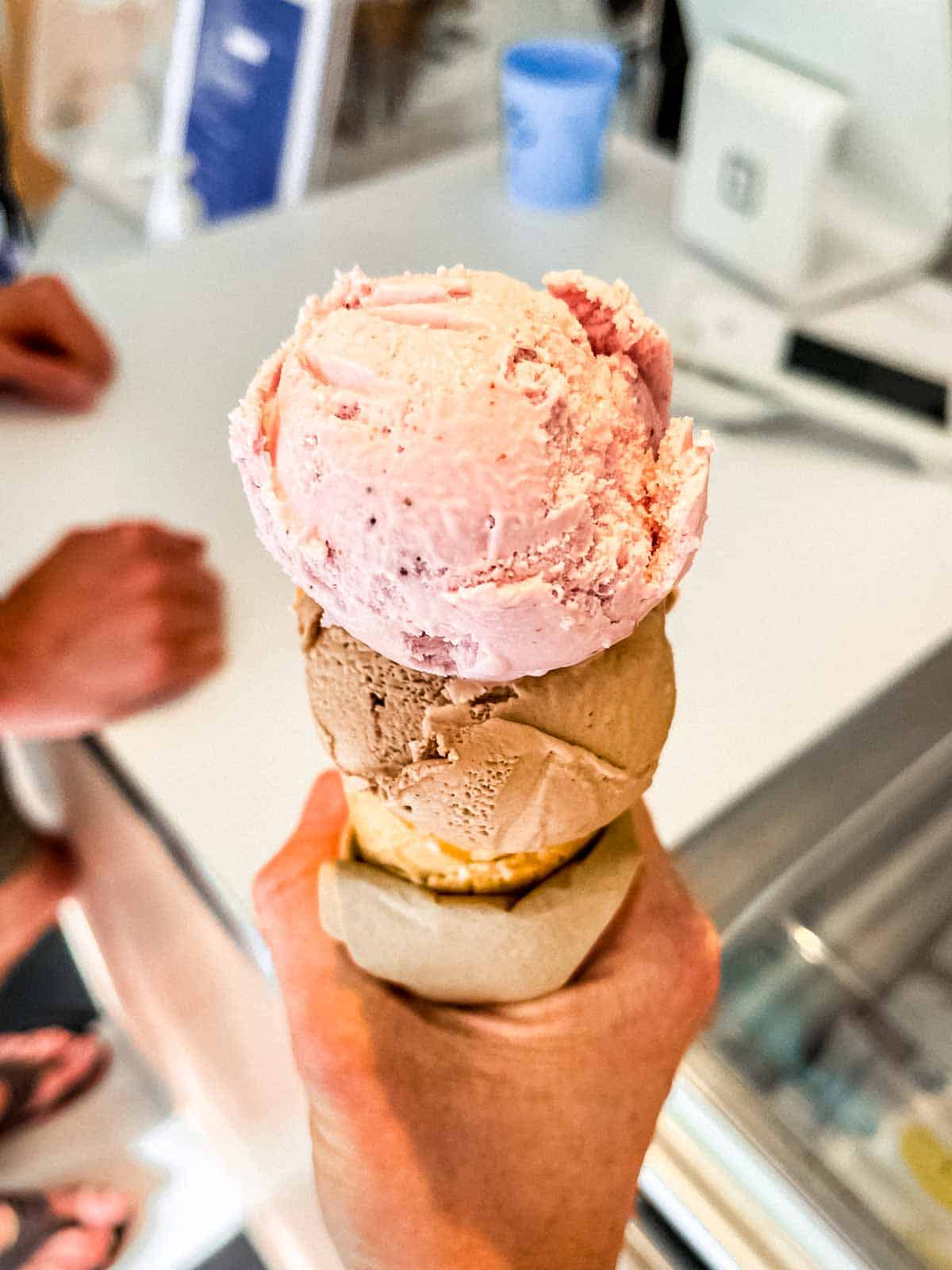 25 Best Vegan Restaurants in Vancouver BC for 2023 - double scoop strawberry and mint chocolate ice cream from Say Hello Sweets