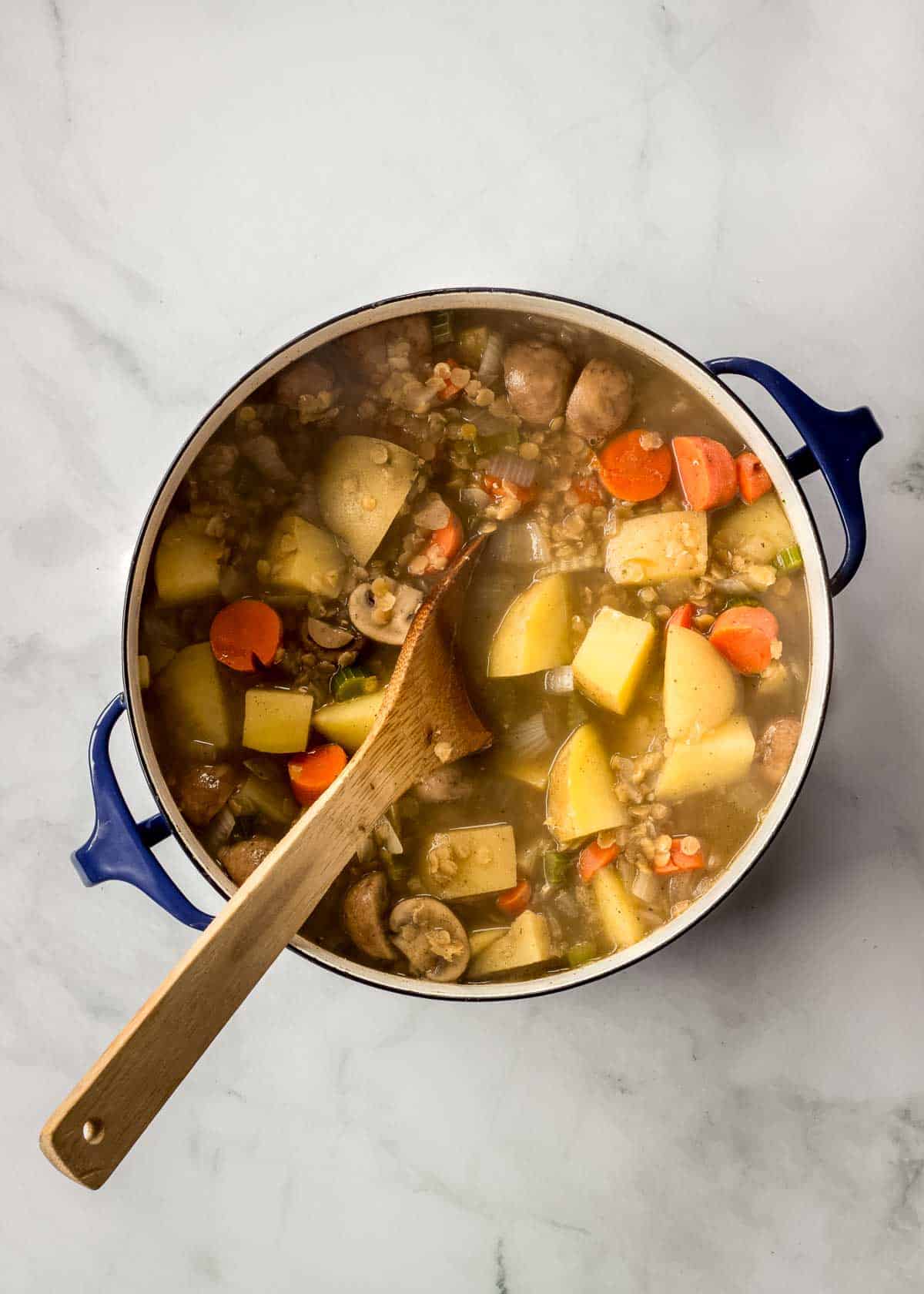 Large pot of simple vegetable stew cooking. A wooden spoon is visible in the pot and potatoes and carrots don't look cooked yet.